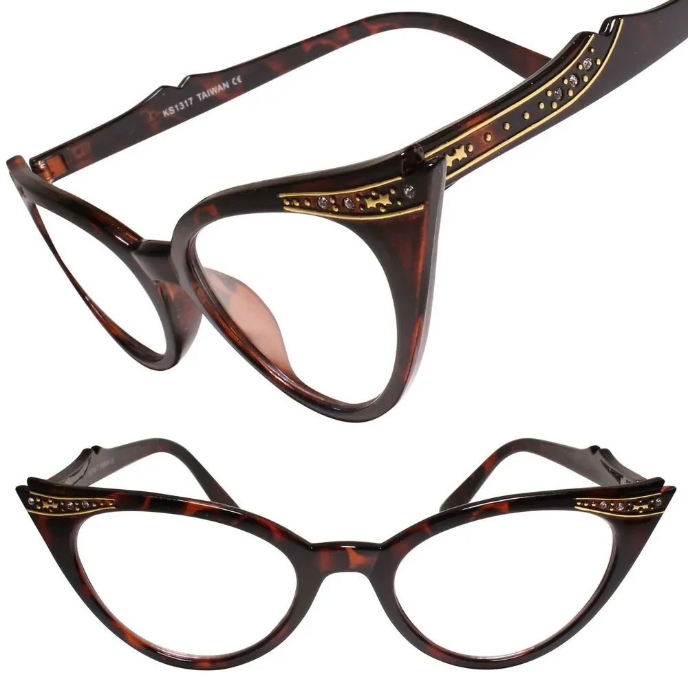 Womens Tortoise Cat Eye Clear Lens Glasses Gold Rhinestone Retro